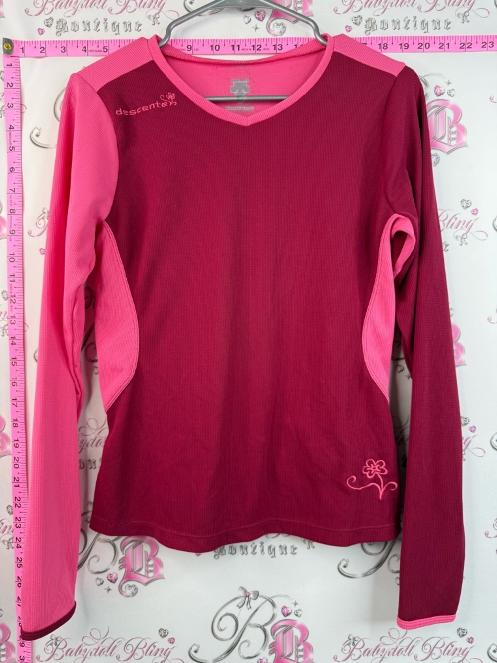 Descente long sleeve flower embroidery Two-Tone Pink Long Sleeve Performance Top